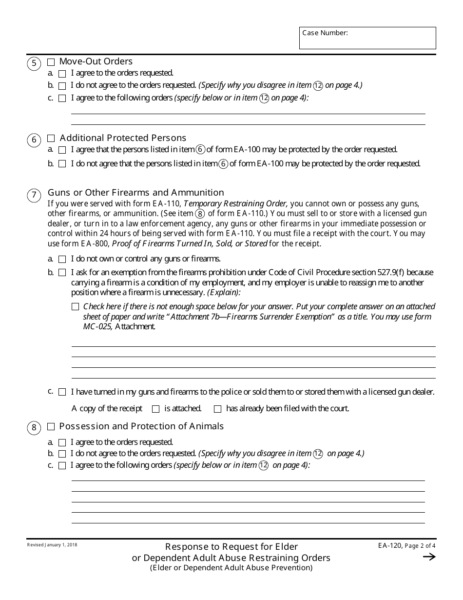 Form EA-120 Response to Request for Elder or Dependent Adult Abuse Restraining Orders - California, Page 2