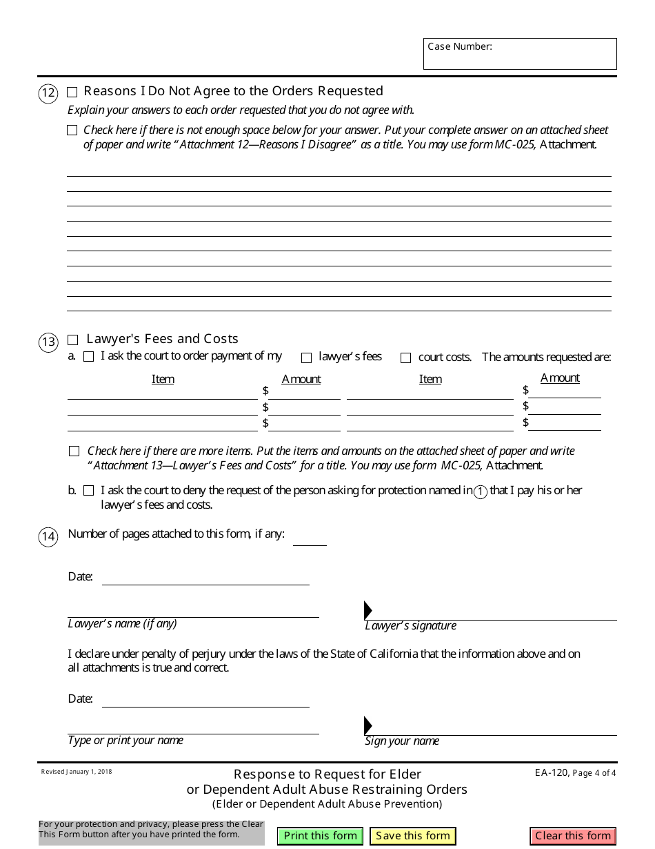 Form EA-120 Response to Request for Elder or Dependent Adult Abuse Restraining Orders - California, Page 4