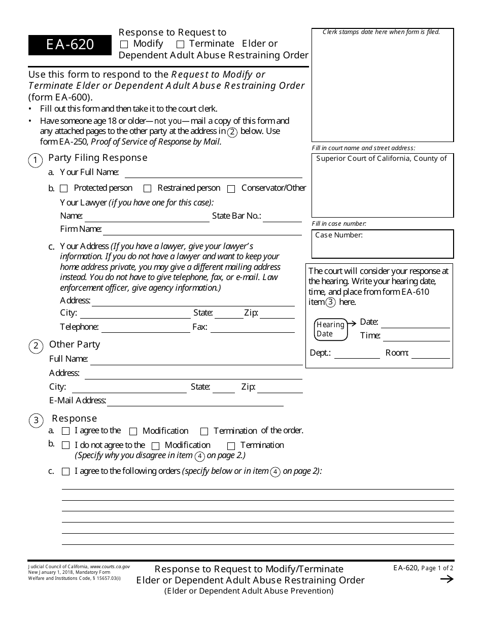 Form EA-620 Response to Request to Modify / Terminate Elder or Dependent Adult Abuse Restraining Order - California, Page 1