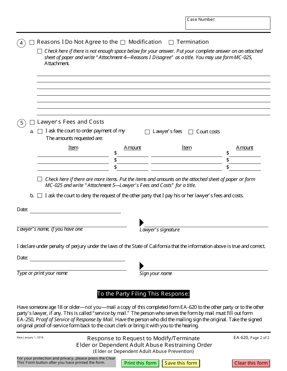 Form EA-620 Response to Request to Modify / Terminate Elder or Dependent Adult Abuse Restraining Order - California, Page 2