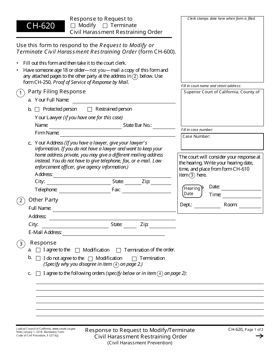 Form CH-620 Response to Request to Modify / Terminate Civil Harassment Restraining Order - California, Page 1