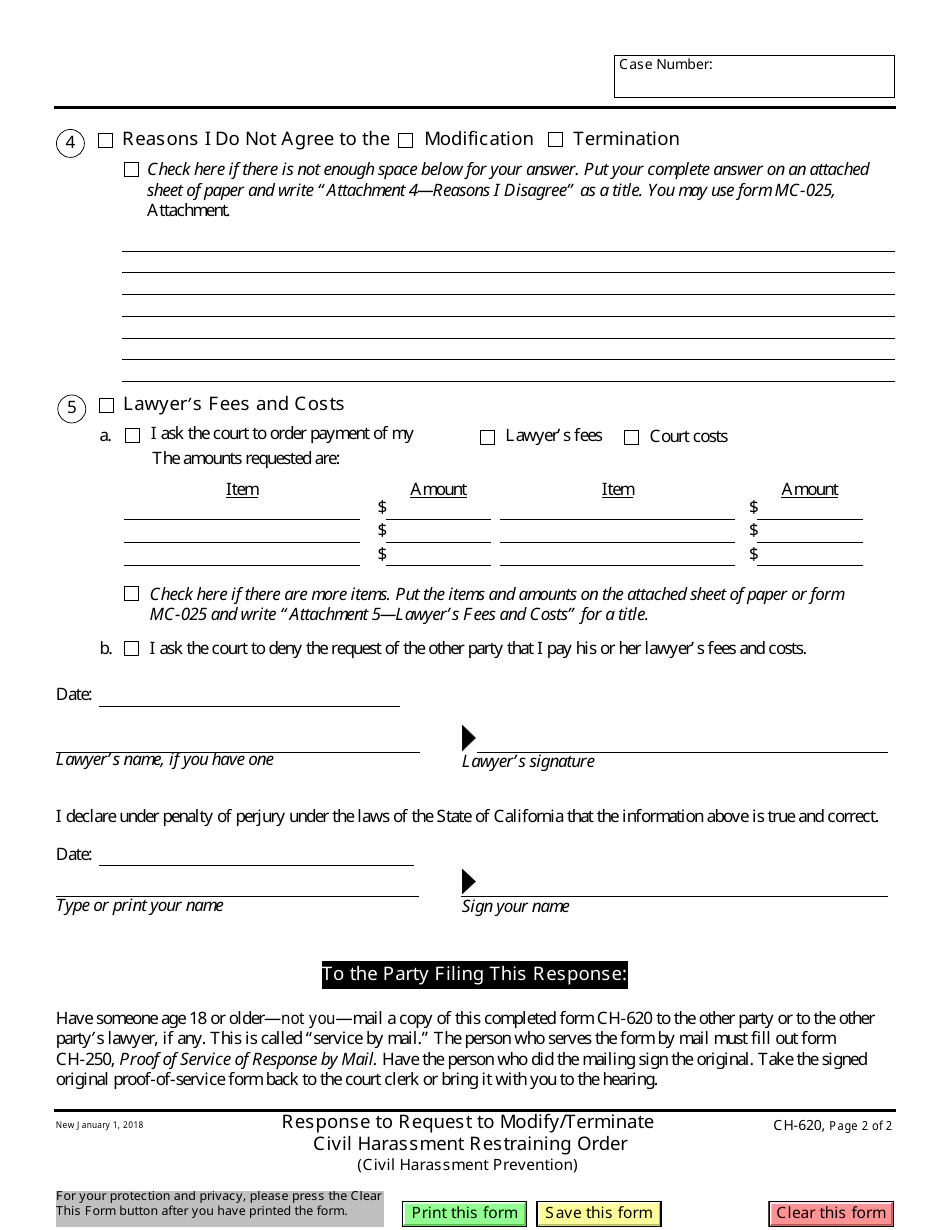 Form CH-620 Response to Request to Modify / Terminate Civil Harassment Restraining Order - California, Page 2