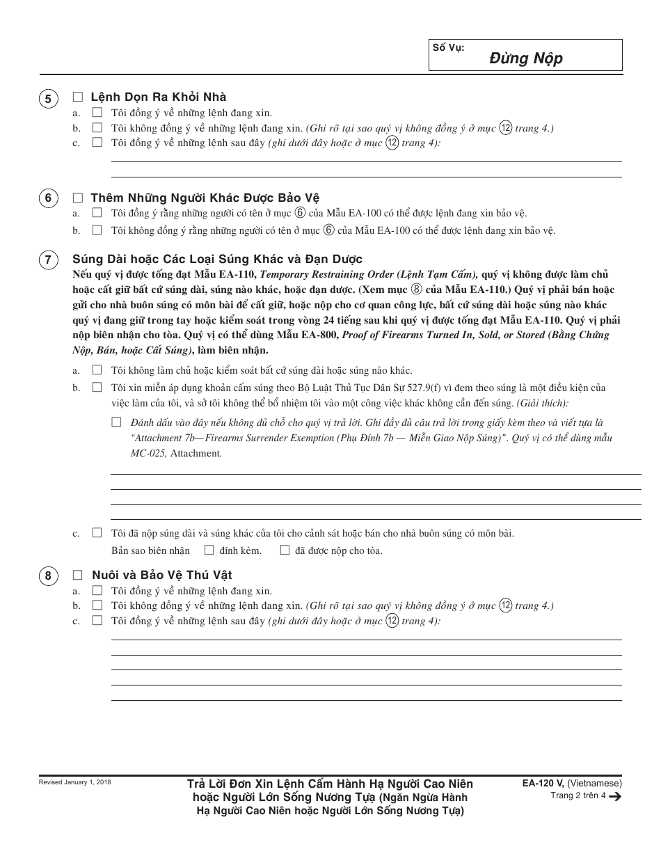 Form EA-120 V Response to Request for Elder or Dependent Adult Abuse Restraining Orders - California (Vietnamese), Page 2