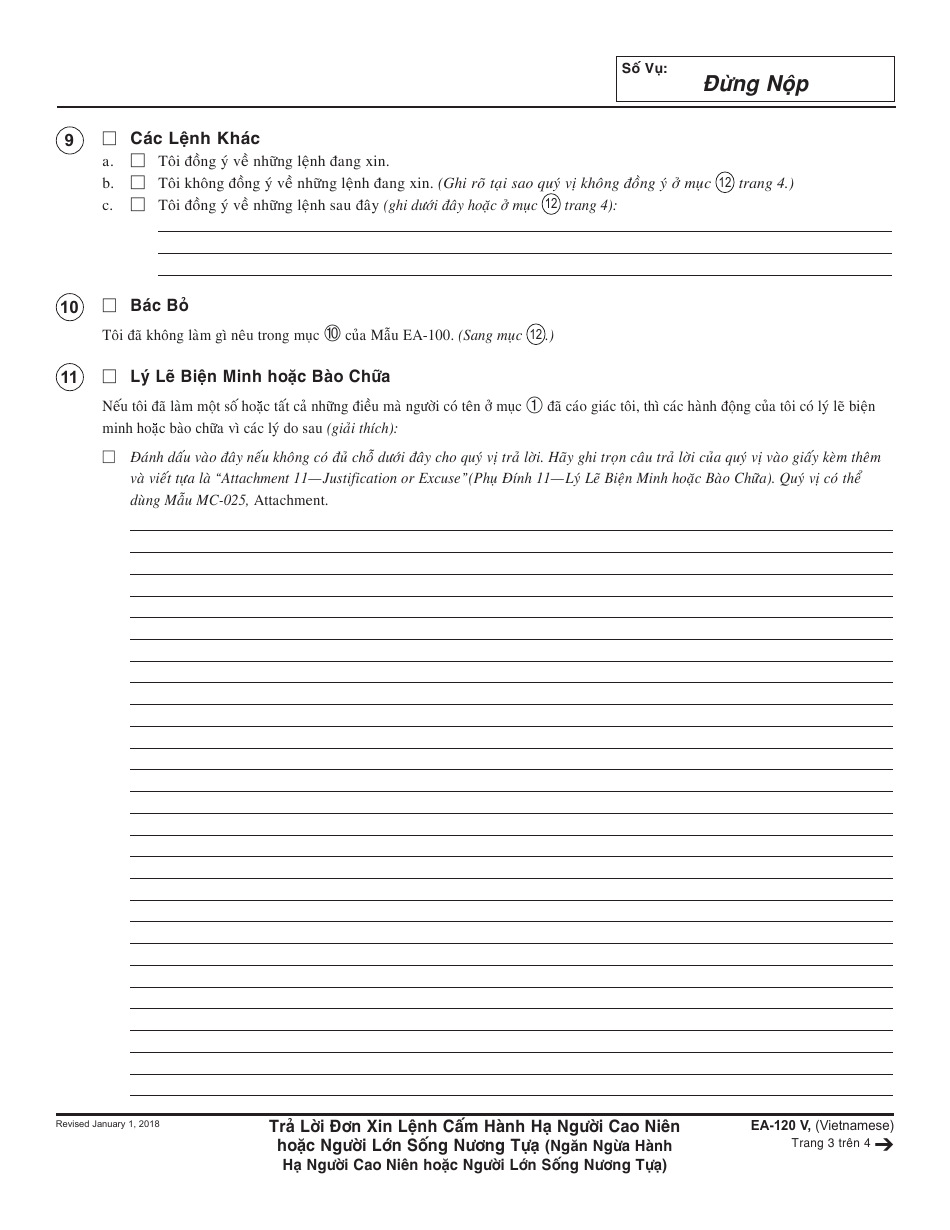 Form EA-120 V Response to Request for Elder or Dependent Adult Abuse Restraining Orders - California (Vietnamese), Page 3
