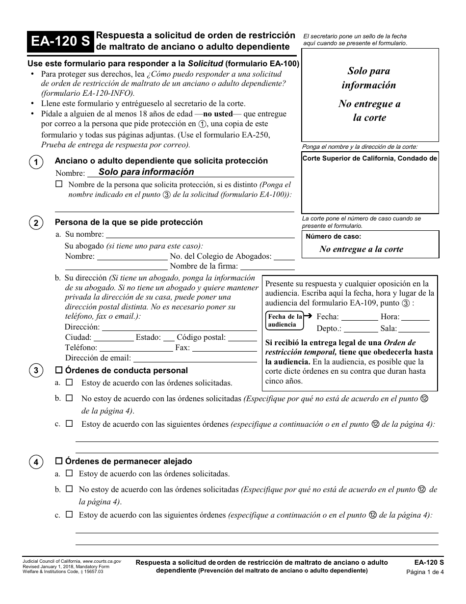 Formulario EA-120 S Respuesta a Solicitud De Orden De Restriccion De Maltrato De Anciano O Adulto Dependiente - California (Spanish), Page 1