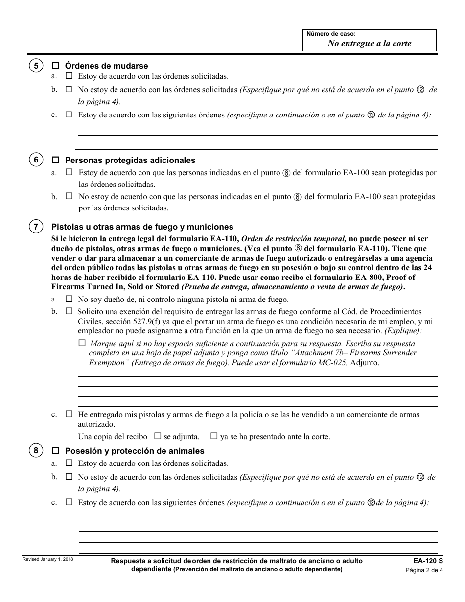 Formulario EA-120 S Respuesta a Solicitud De Orden De Restriccion De Maltrato De Anciano O Adulto Dependiente - California (Spanish), Page 2