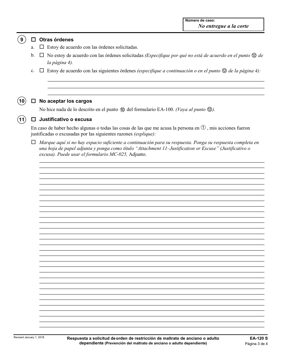 Formulario EA-120 S Respuesta a Solicitud De Orden De Restriccion De Maltrato De Anciano O Adulto Dependiente - California (Spanish), Page 3