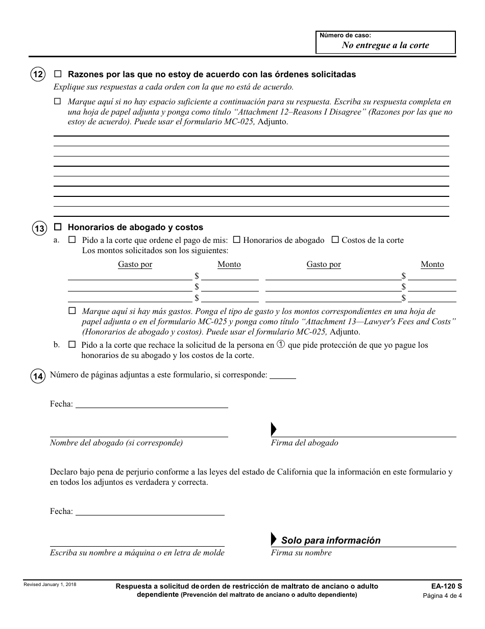 Formulario EA-120 S Respuesta a Solicitud De Orden De Restriccion De Maltrato De Anciano O Adulto Dependiente - California (Spanish), Page 4