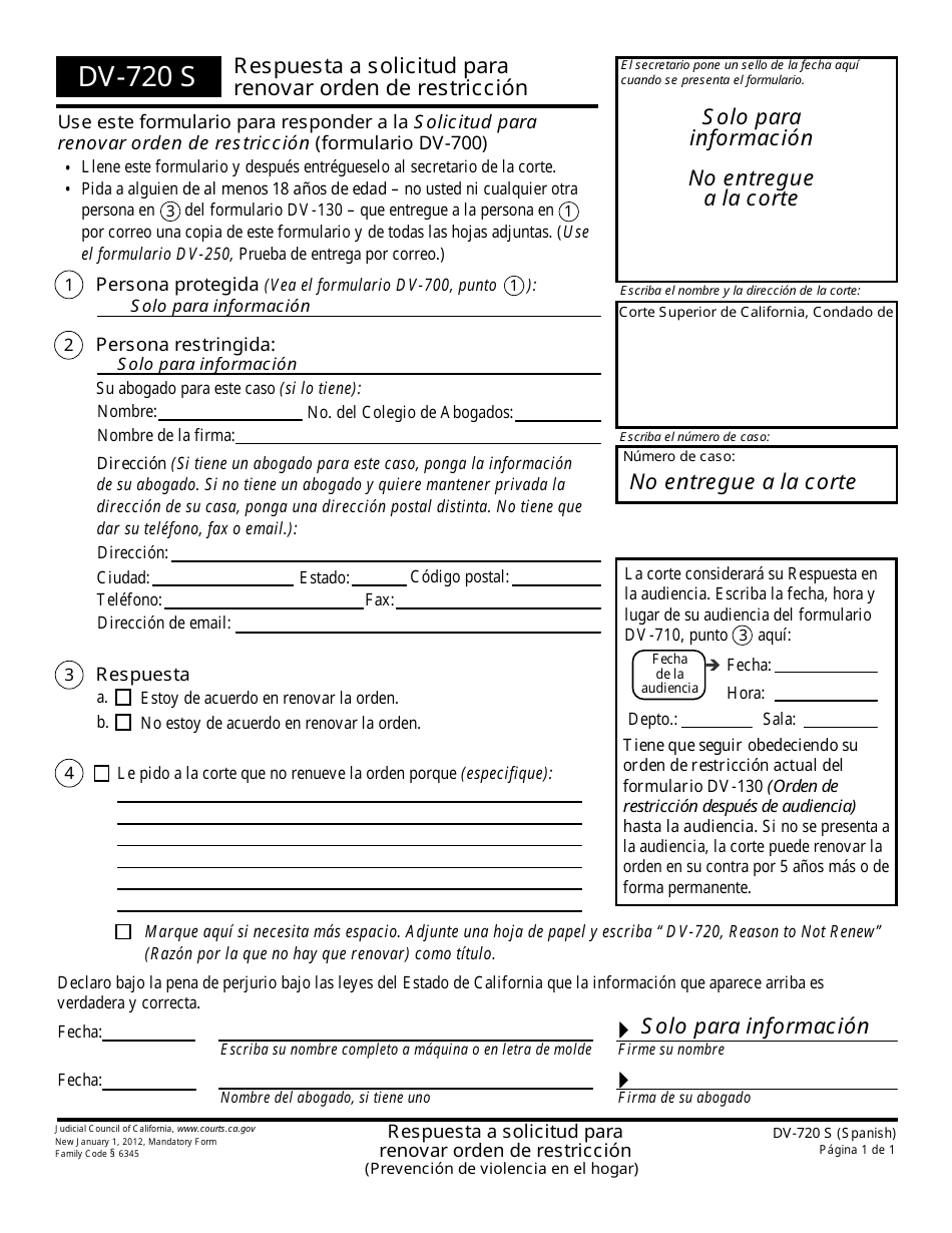 Formulario DV-720 S Respuesta a Solicitud Para Renovar Orden De Restriccion - California (Spanish), Page 1