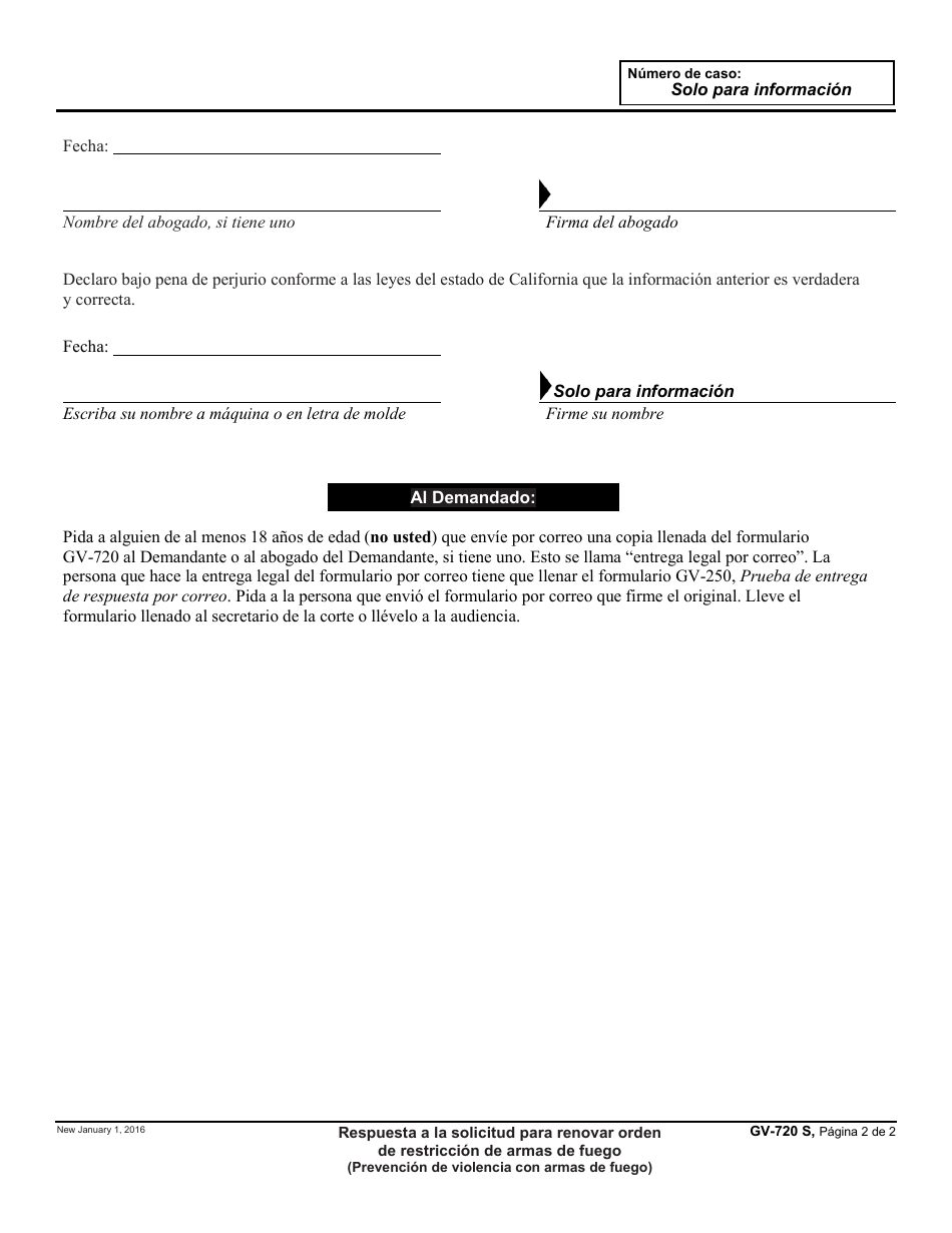 Formulario GV-720 S Respuesta a La Solicitud Para Renovar Orden De Restriccion De Armas De Fuego - California (Spanish), Page 2