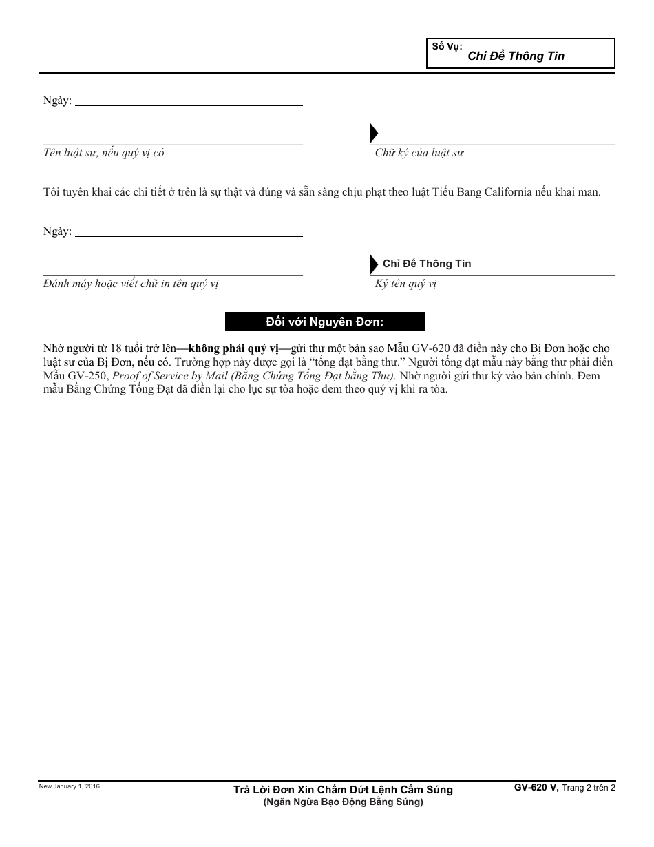 Form GV-620 V Response to Request to Terminate Gun Violence Restraining Order - California (Vietnamese), Page 2