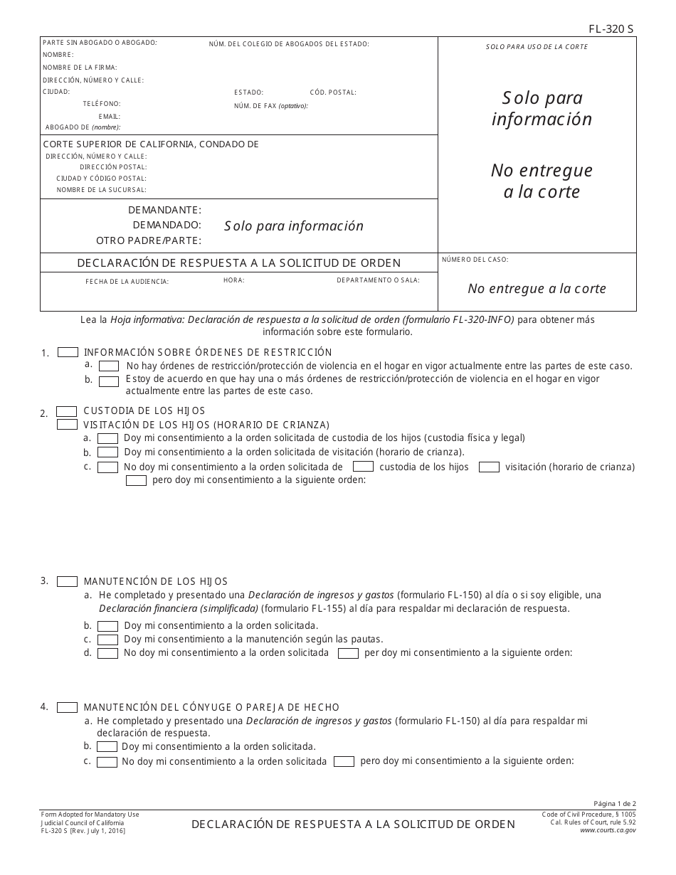 Formulario FL-320 S Declaracion De Respuesta a La Solicitud De Orden - California (Spanish), Page 1
