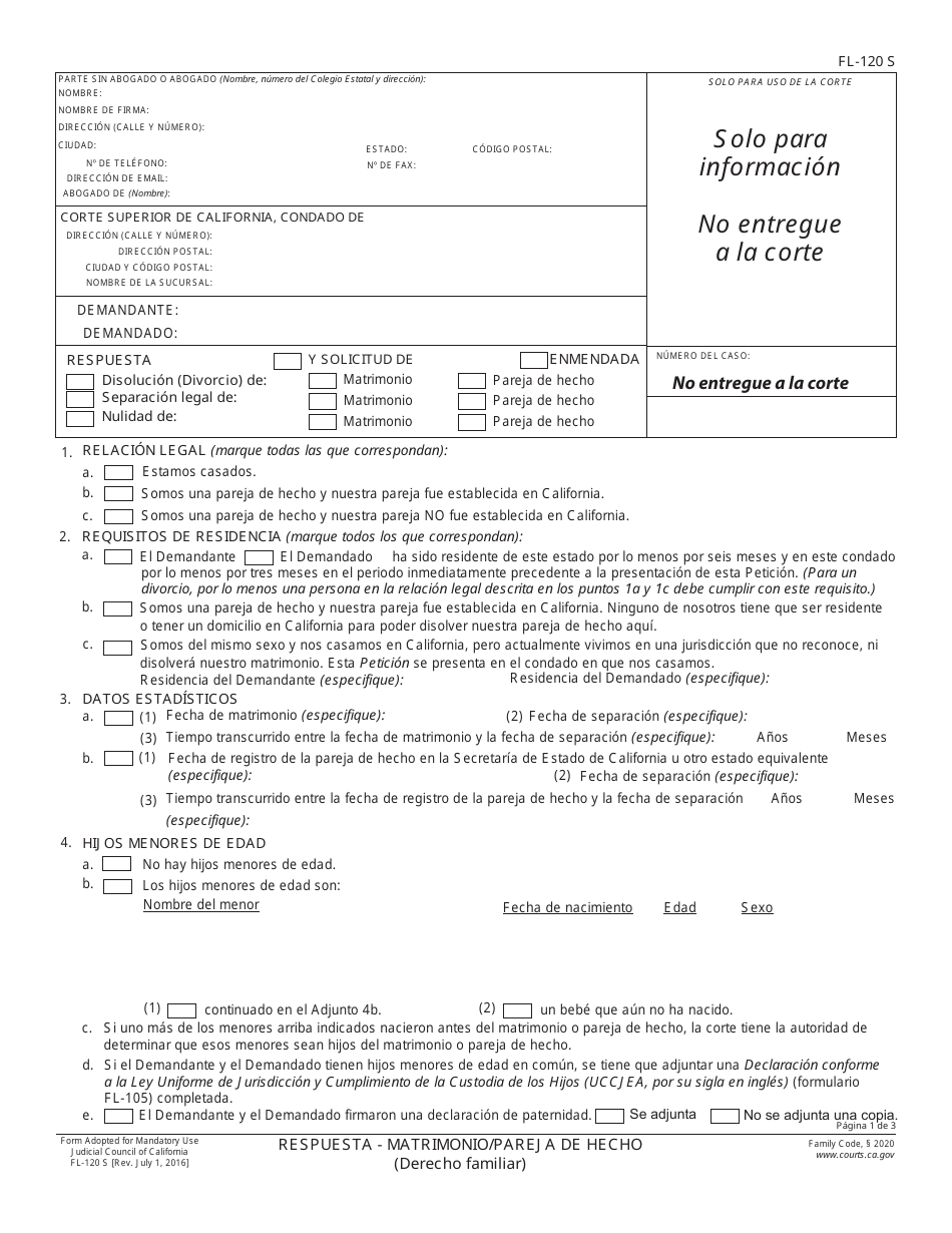 Formulario FL-120 S Respuesta - Matrimonio / Pareja De Hecho - California (Spanish), Page 1