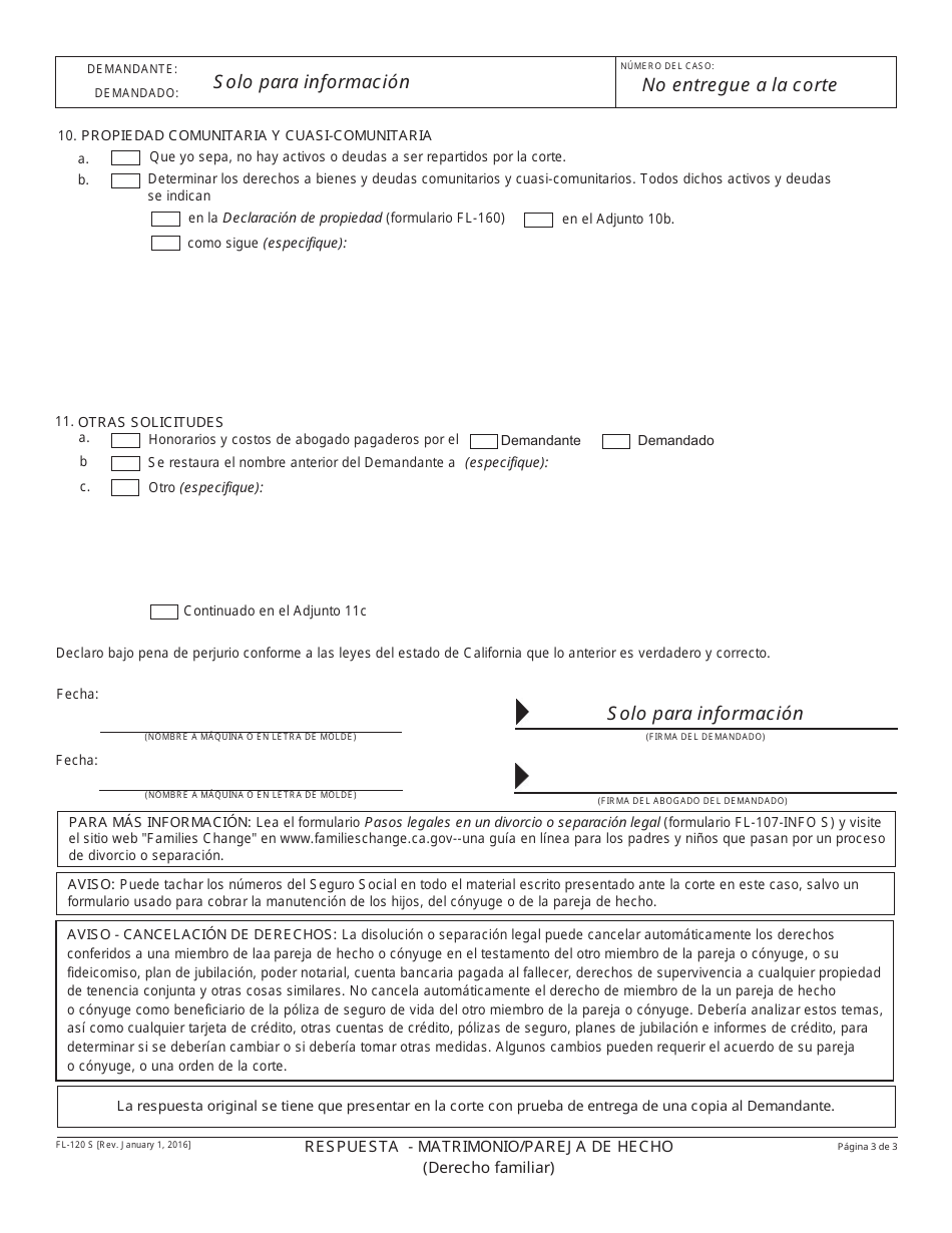 Formulario FL-120 S Respuesta - Matrimonio / Pareja De Hecho - California (Spanish), Page 3