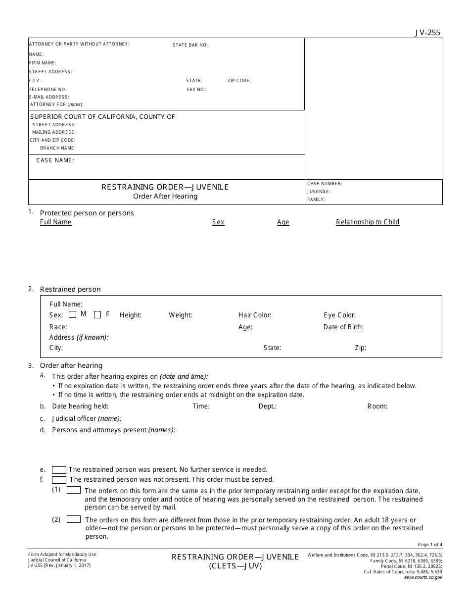 Form JV-255 Restraining Order - Juvenile - California, Page 1