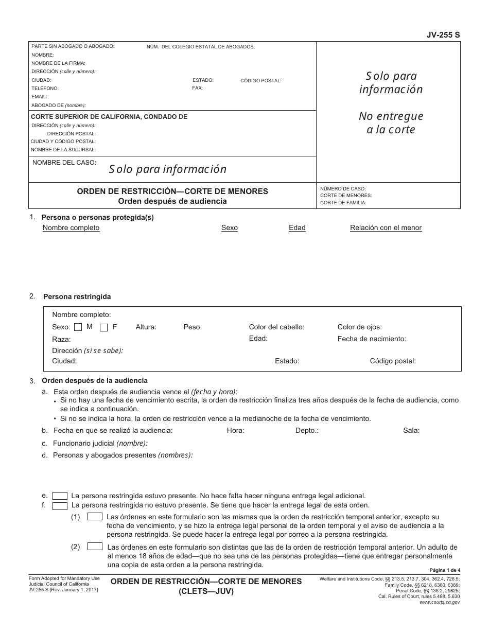 Formulario JV-255 S Orden De Restriccioncorte De Menores - California (Spanish), Page 1