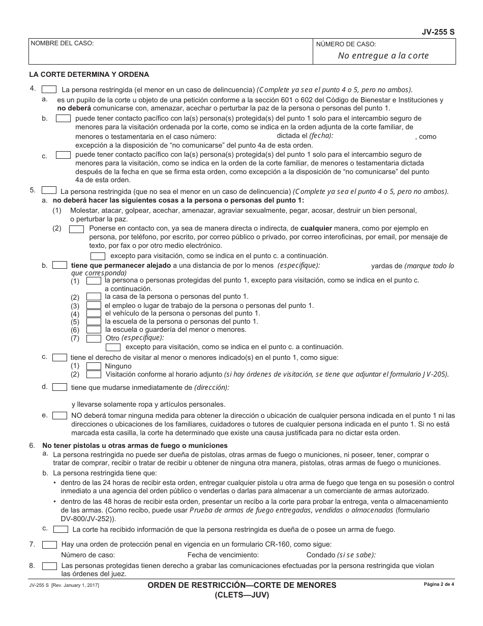 Formulario JV-255 S Orden De Restriccioncorte De Menores - California (Spanish), Page 2