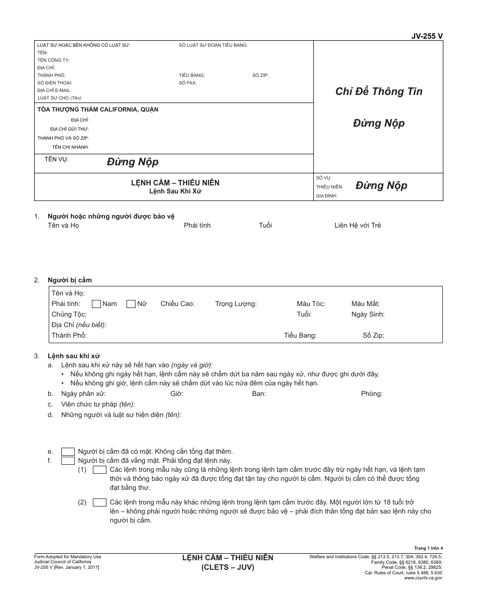 Form JV-255 V Restraining Order - Juvenile - California (Vietnamese), Page 1