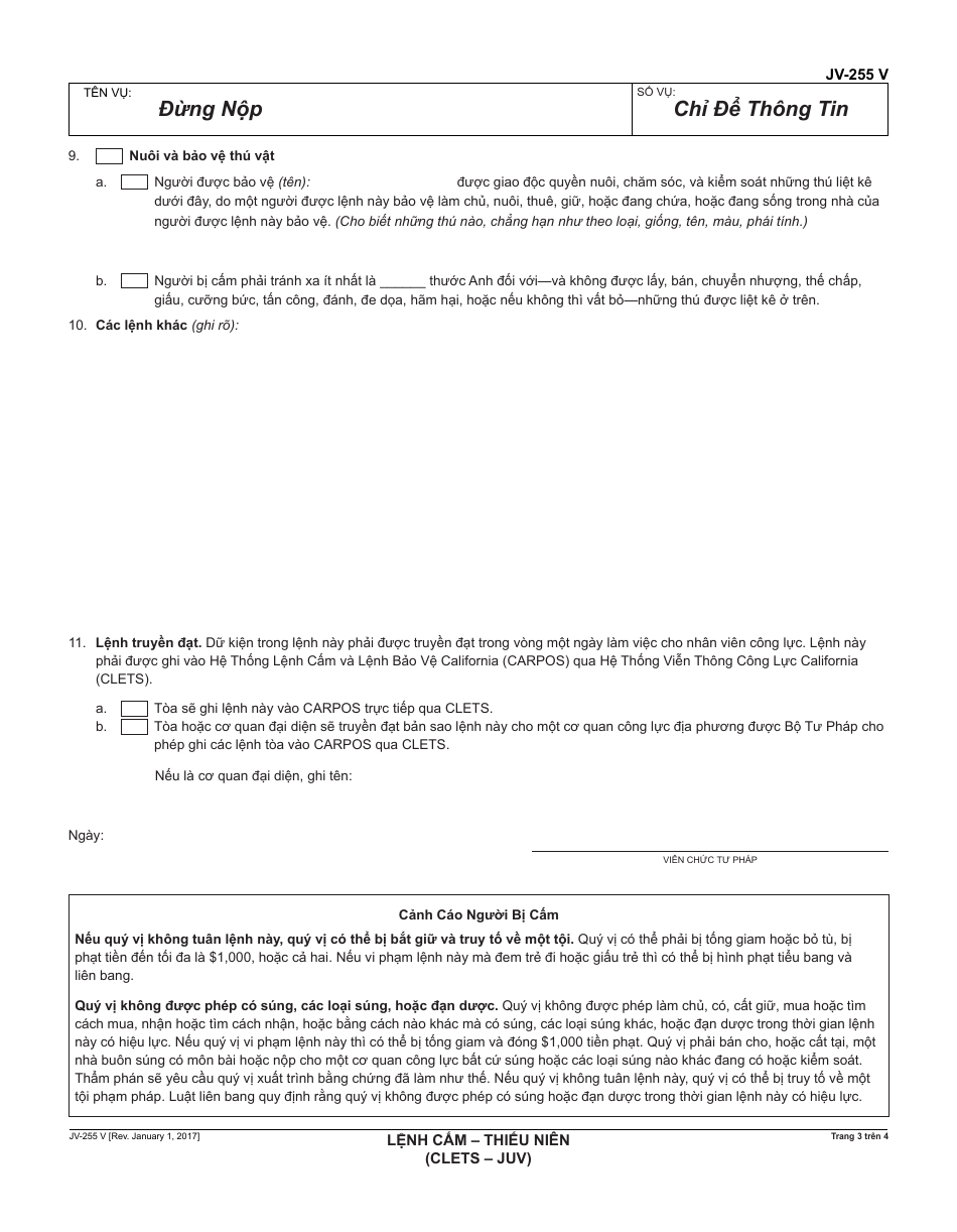 Form JV-255 V Restraining Order - Juvenile - California (Vietnamese), Page 3
