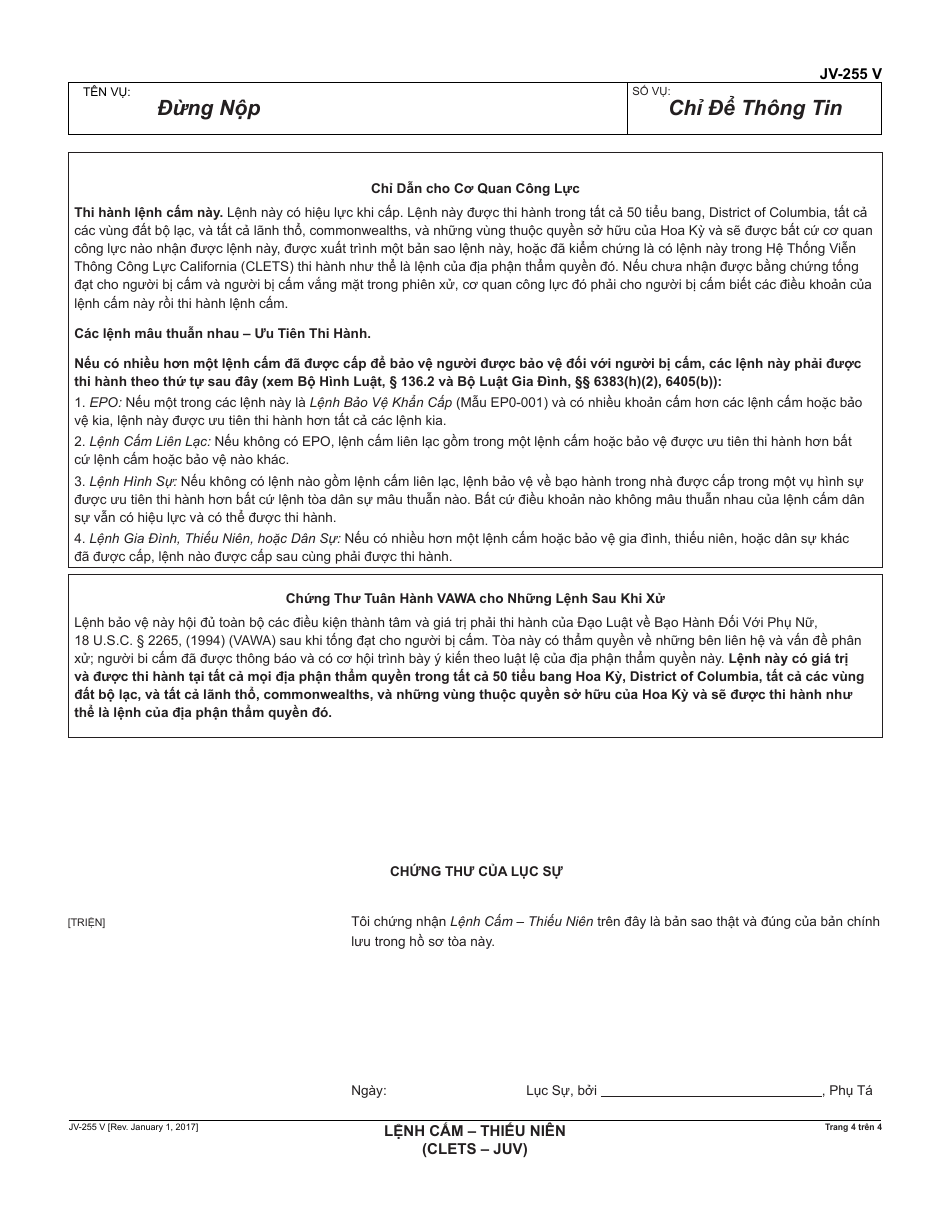 Form JV-255 V Restraining Order - Juvenile - California (Vietnamese), Page 4