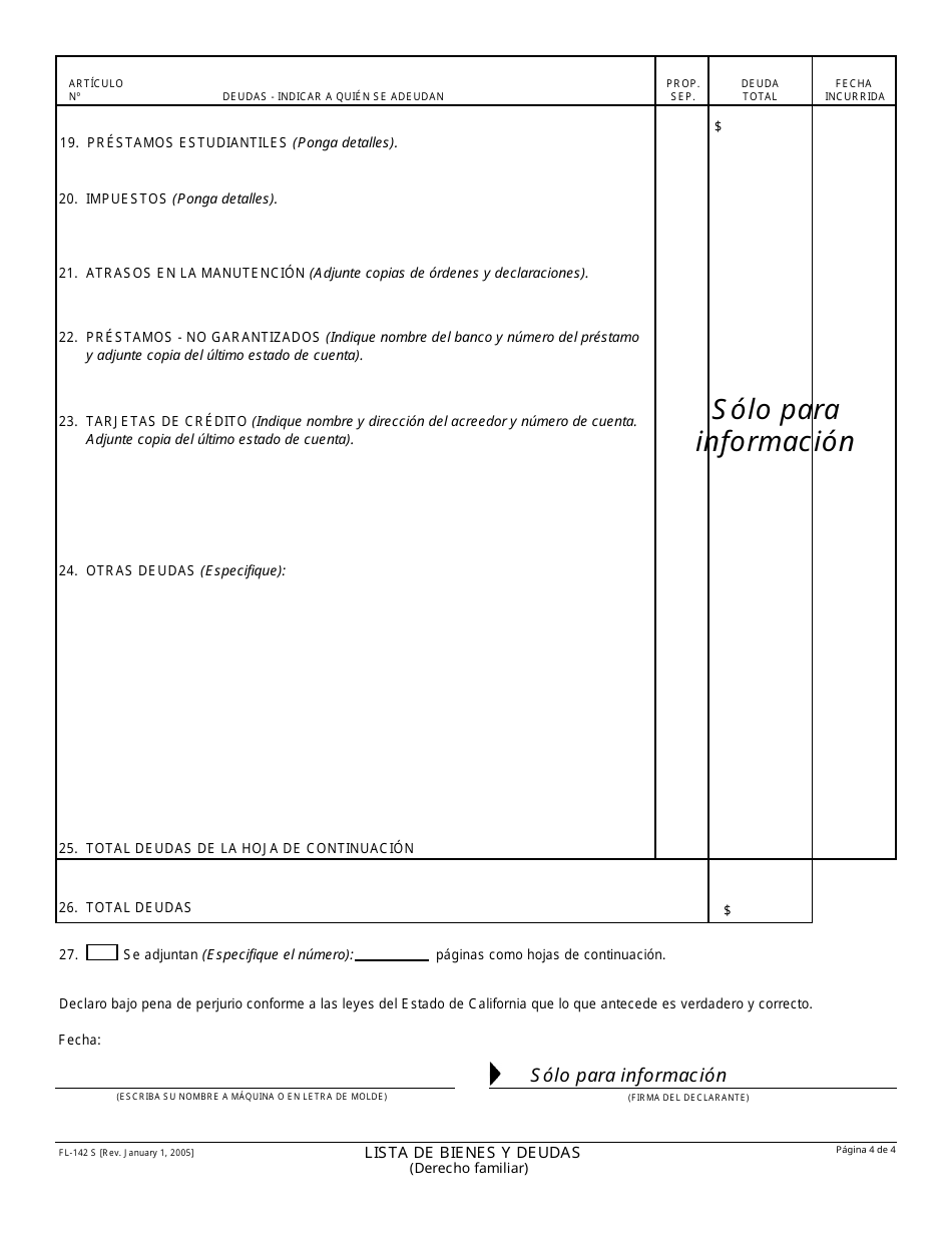 Formulario FL-142 S Lista De Bienes Y Deudas - California (Spanish), Page 4