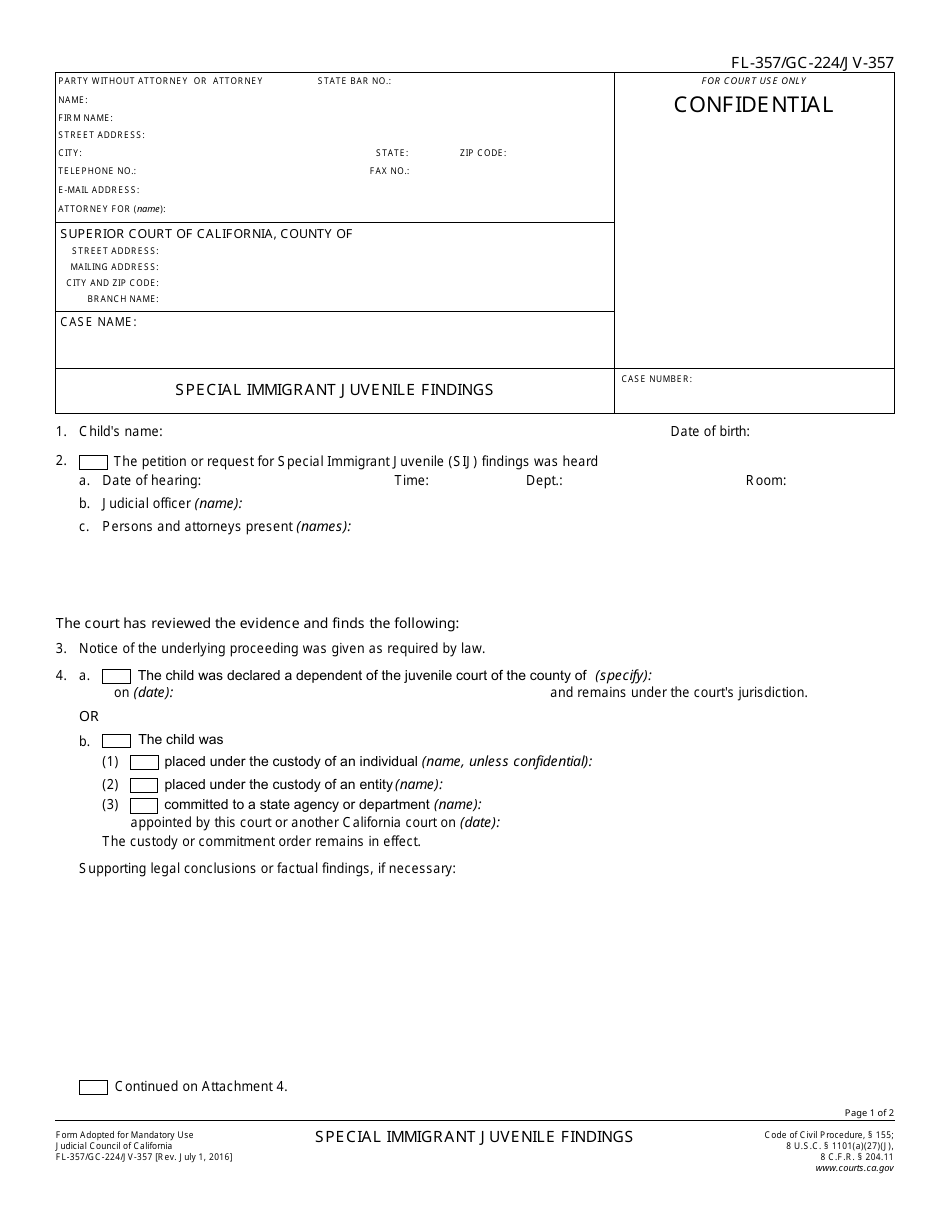 Form FL-357 (GC-224; JV-357) Special Immigrant Juvenile Findings - California, Page 1