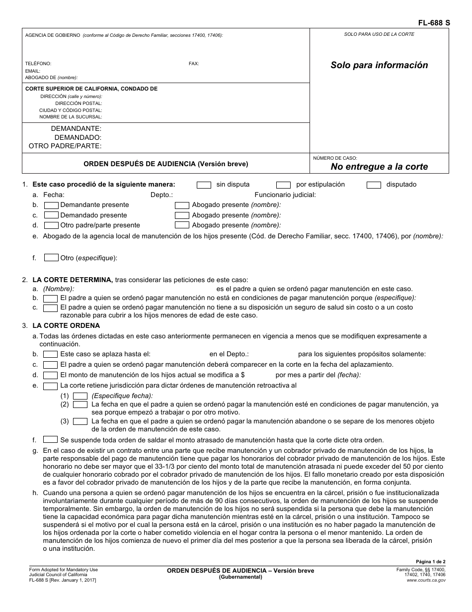 Formulario FL-688 S Orden Despues De Audiencia (Version Breve) - California (Spanish), Page 1