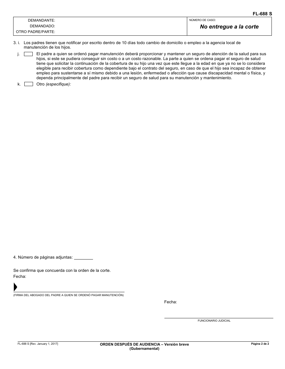 Formulario FL-688 S Orden Despues De Audiencia (Version Breve) - California (Spanish), Page 2