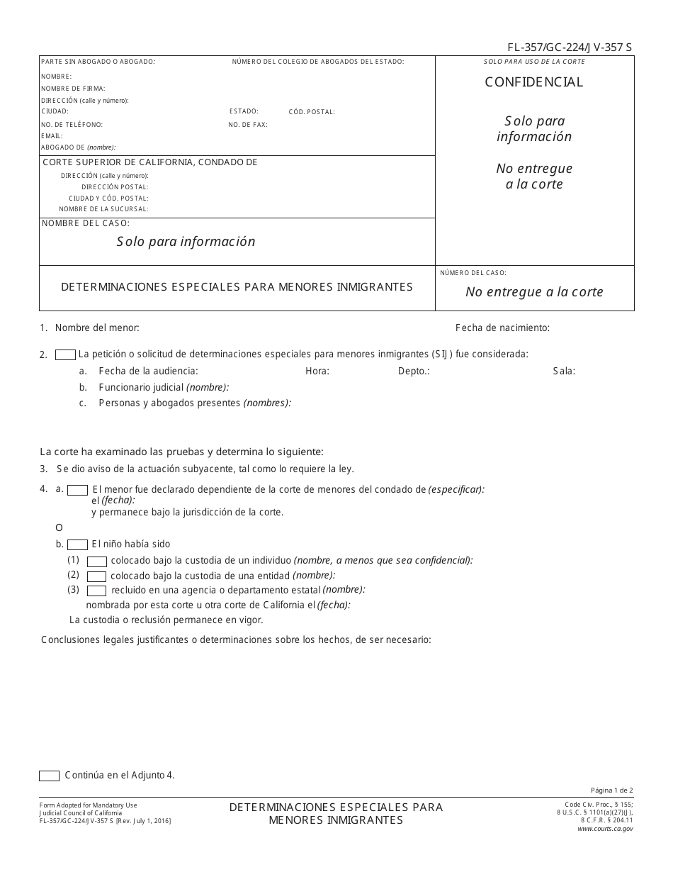 Formulario FL-357 (GC-357; JV-357) Determinaciones Especiales Para Menores Inmigrantes - California (Spanish), Page 1