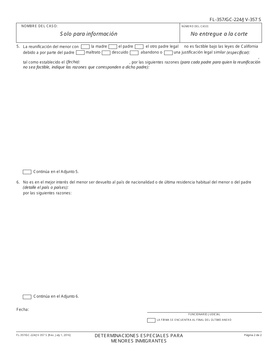 Formulario FL-357 (GC-357; JV-357) Determinaciones Especiales Para Menores Inmigrantes - California (Spanish), Page 2