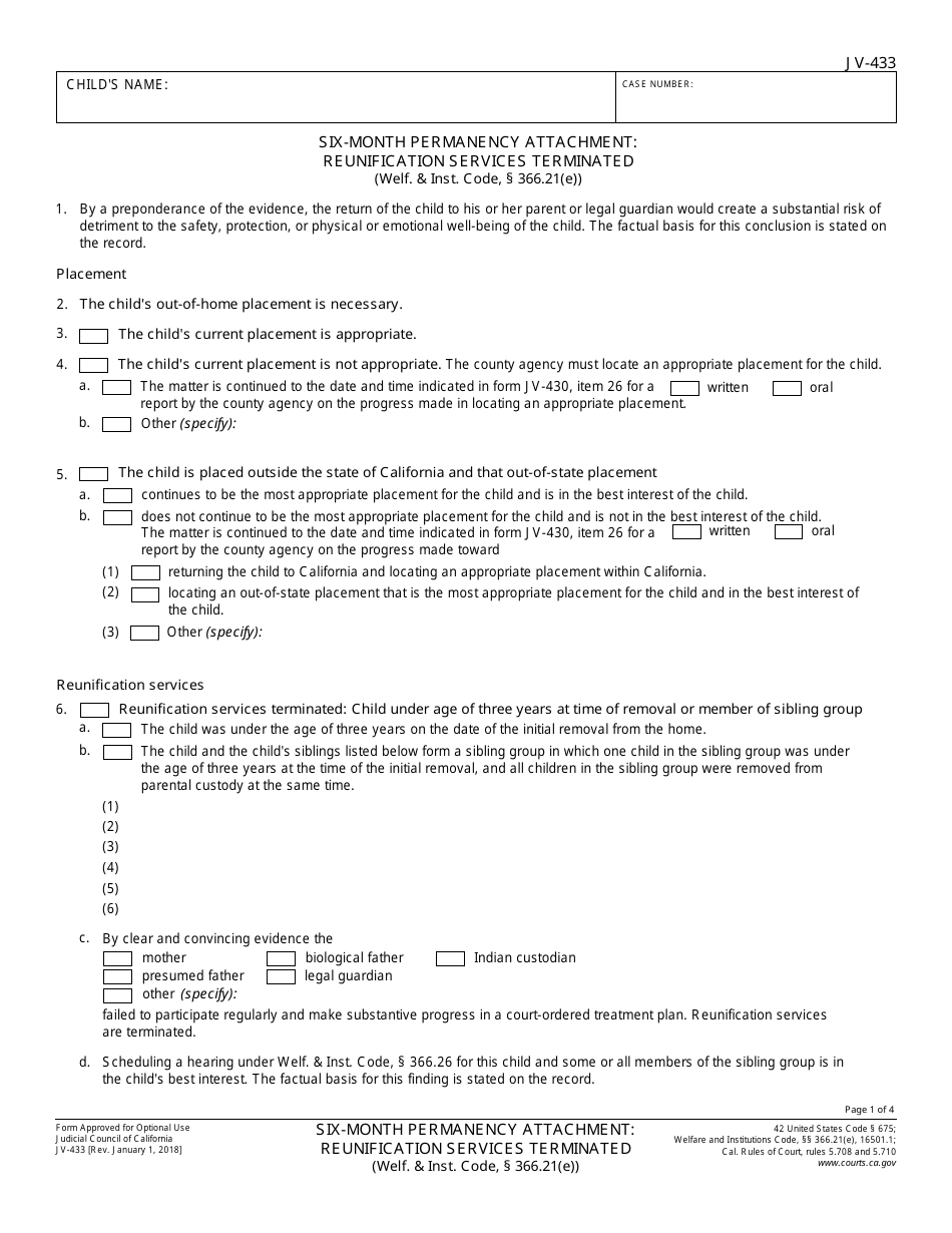 Form JV-433 Six-Month Prepermanency Attachment: Reunification Services Terminated - California, Page 1