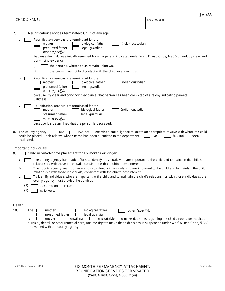 Form JV-433 Six-Month Prepermanency Attachment: Reunification Services Terminated - California, Page 2