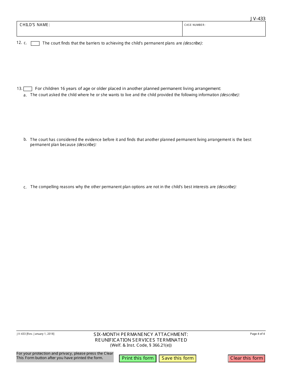 Form JV-433 Six-Month Prepermanency Attachment: Reunification Services Terminated - California, Page 4