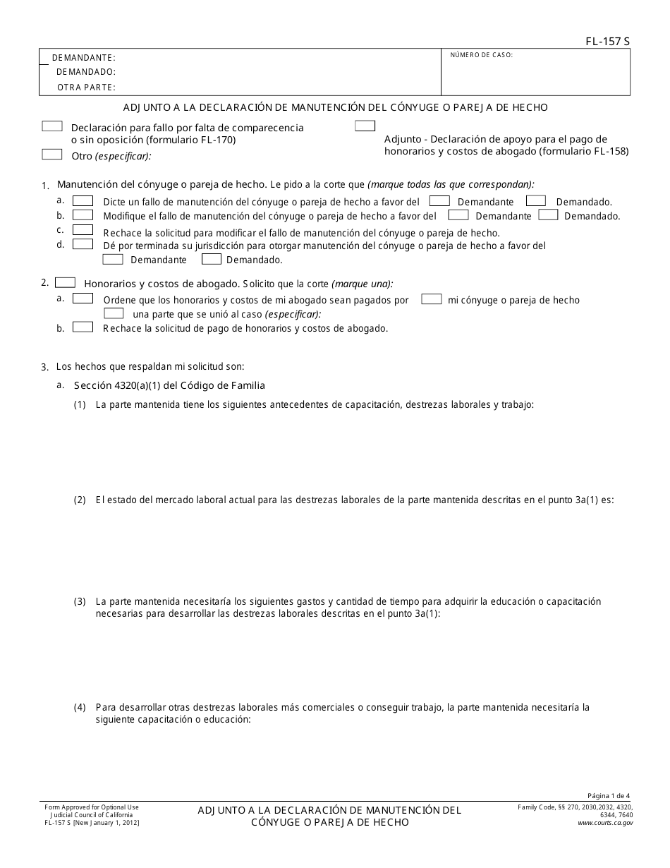 Formulario FL-157 S Adjunto a La Declaracion De Manutencion Del Conyuge O Pareja De Hecho - California (Spanish), Page 1