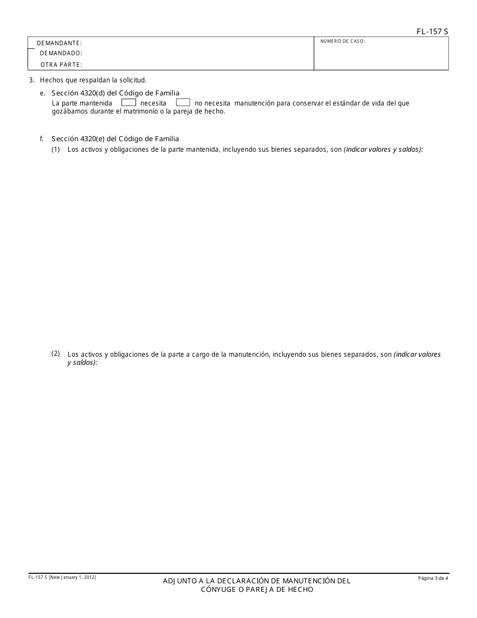 Formulario FL-157 S Adjunto a La Declaracion De Manutencion Del Conyuge O Pareja De Hecho - California (Spanish), Page 3