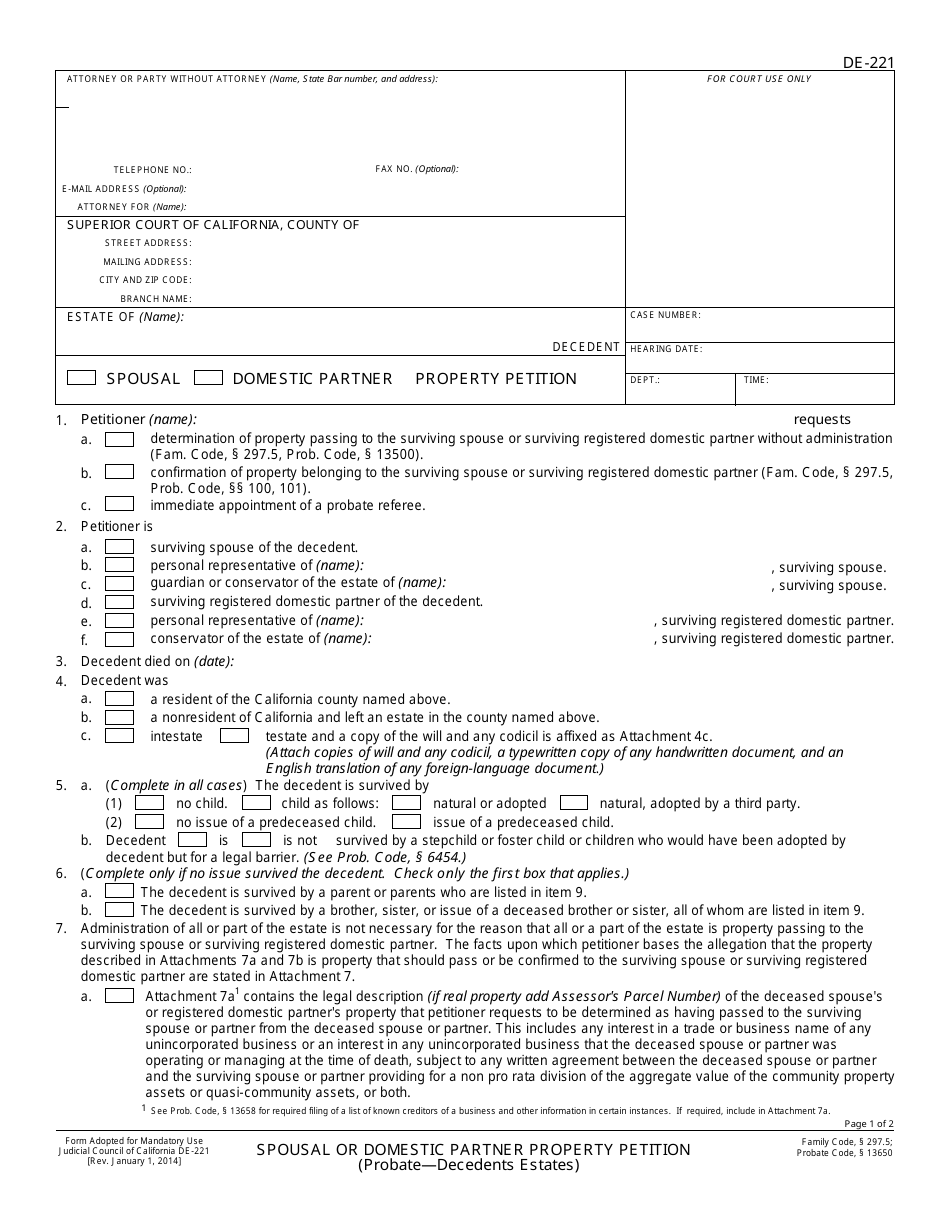 Form DE-221 Spousal or Domestic Partner Property Petition - California, Page 1