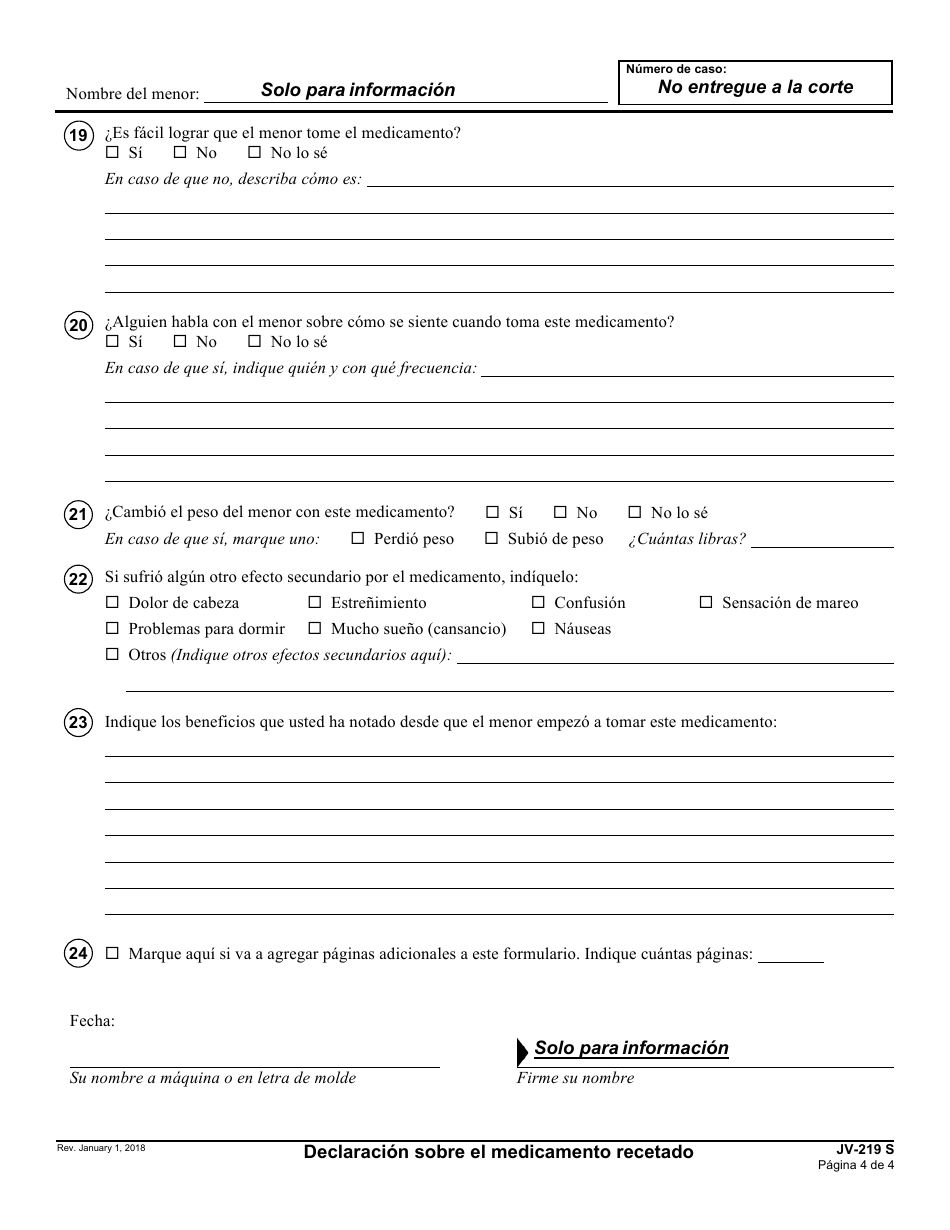 Formulario JV-219 S Declaracion Sobre Medicamento Recetado - California (Spanish), Page 4