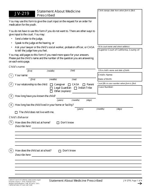 Form JV-219  Printable Pdf