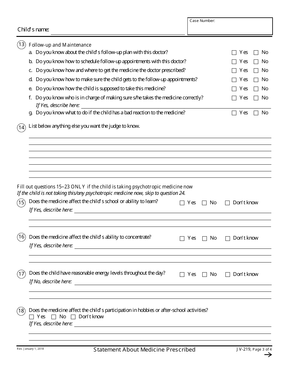 Form JV-219 Statement About Medicine Prescribed - California, Page 3