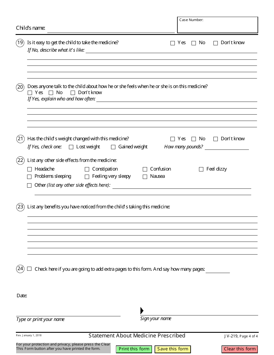Form JV-219 Statement About Medicine Prescribed - California, Page 4