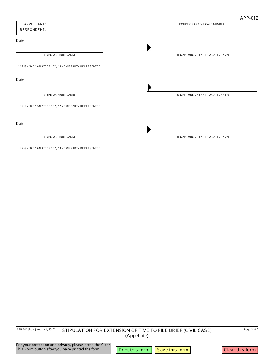 Form APP-012 Stipulation of Extension of Time to File Brief (Civil Case) - California, Page 2