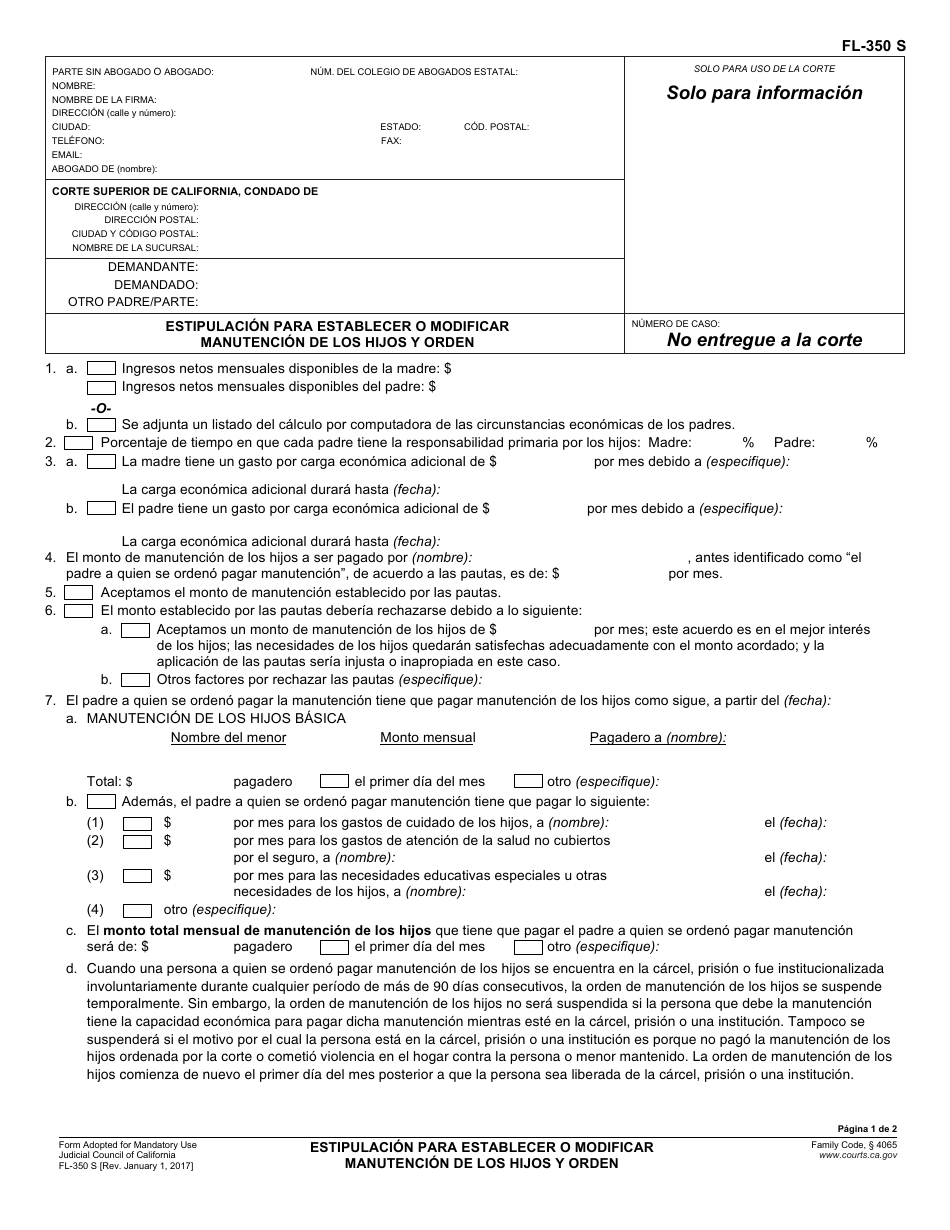 Formulario FL-350 S Estipulacion Para Establecer O Modificar Manutencion De Los Hijos Y Orden - California (Spanish), Page 1