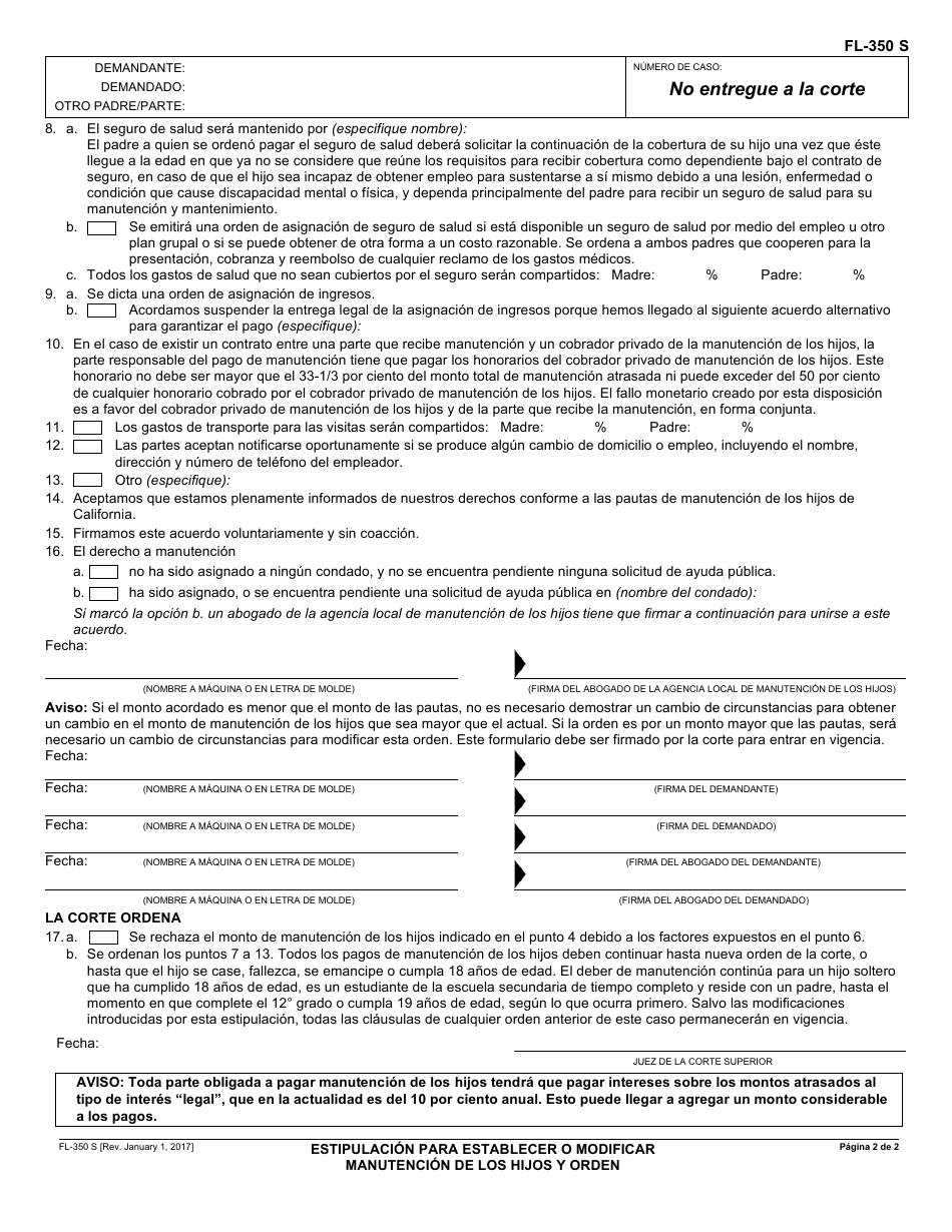 Formulario FL-350 S Estipulacion Para Establecer O Modificar Manutencion De Los Hijos Y Orden - California (Spanish), Page 2