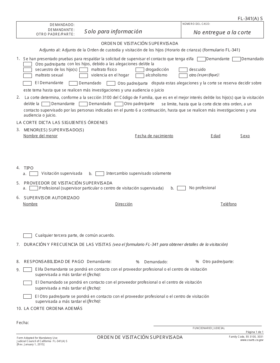 Formulario FL-341(A) S Orden De Visitacion Supervisada - California (Spanish), Page 1