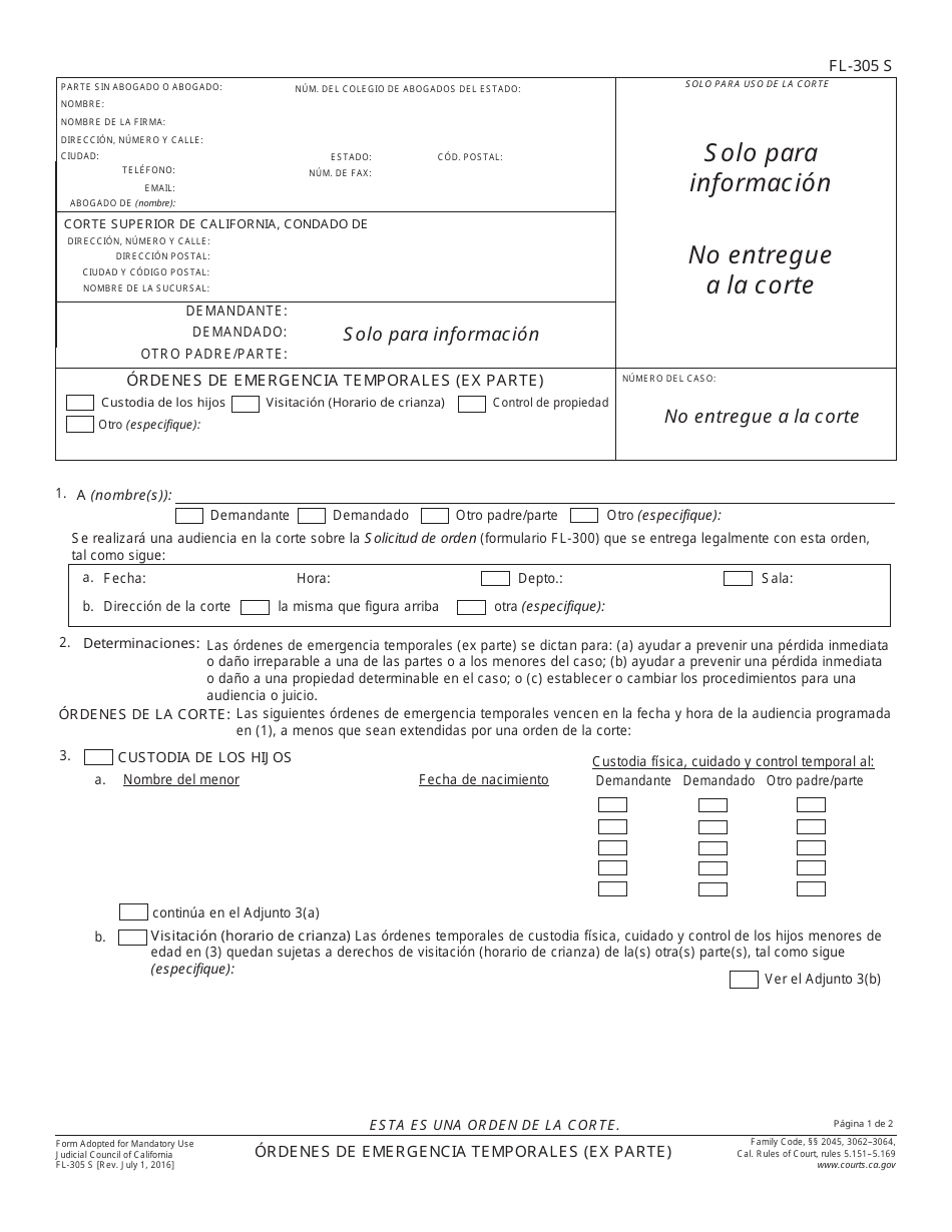 Formulario FL-305 S Ordenes De Emergencia Temporales (Ex Parte) - California (Spanish), Page 1