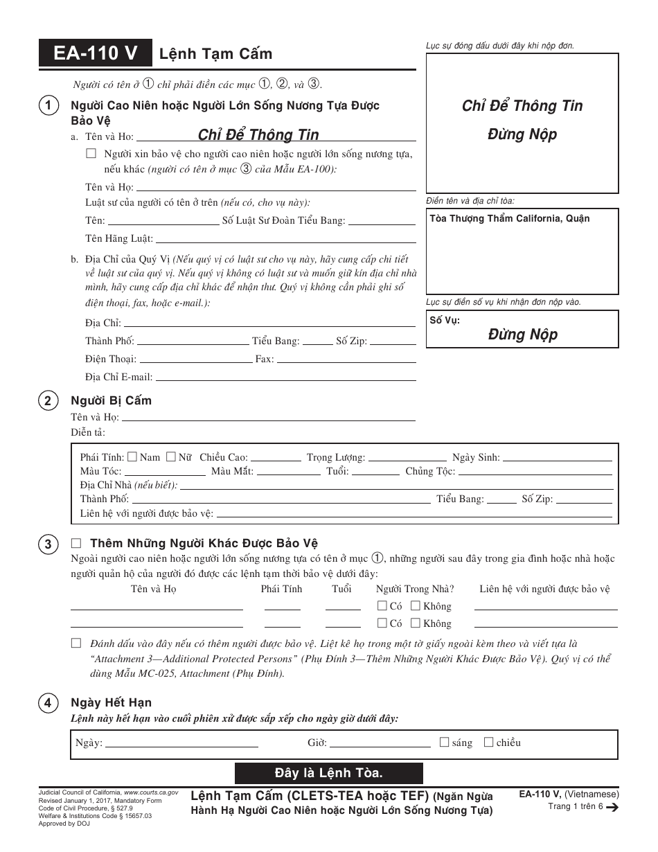 Form EA-110 V Temporary Restraining Order - California (Vietnamese), Page 1