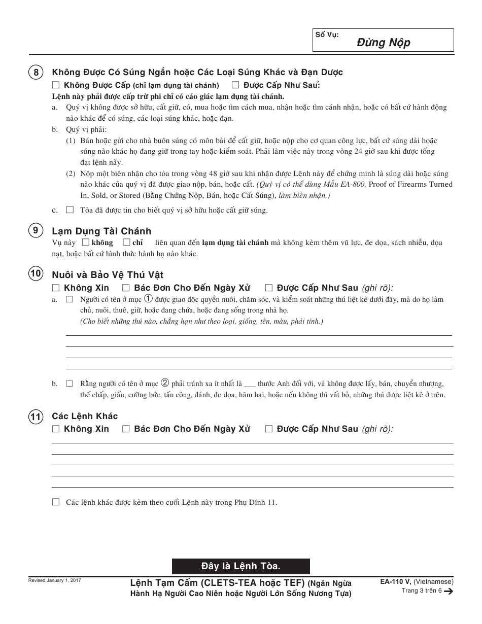 Form EA-110 V Temporary Restraining Order - California (Vietnamese), Page 3