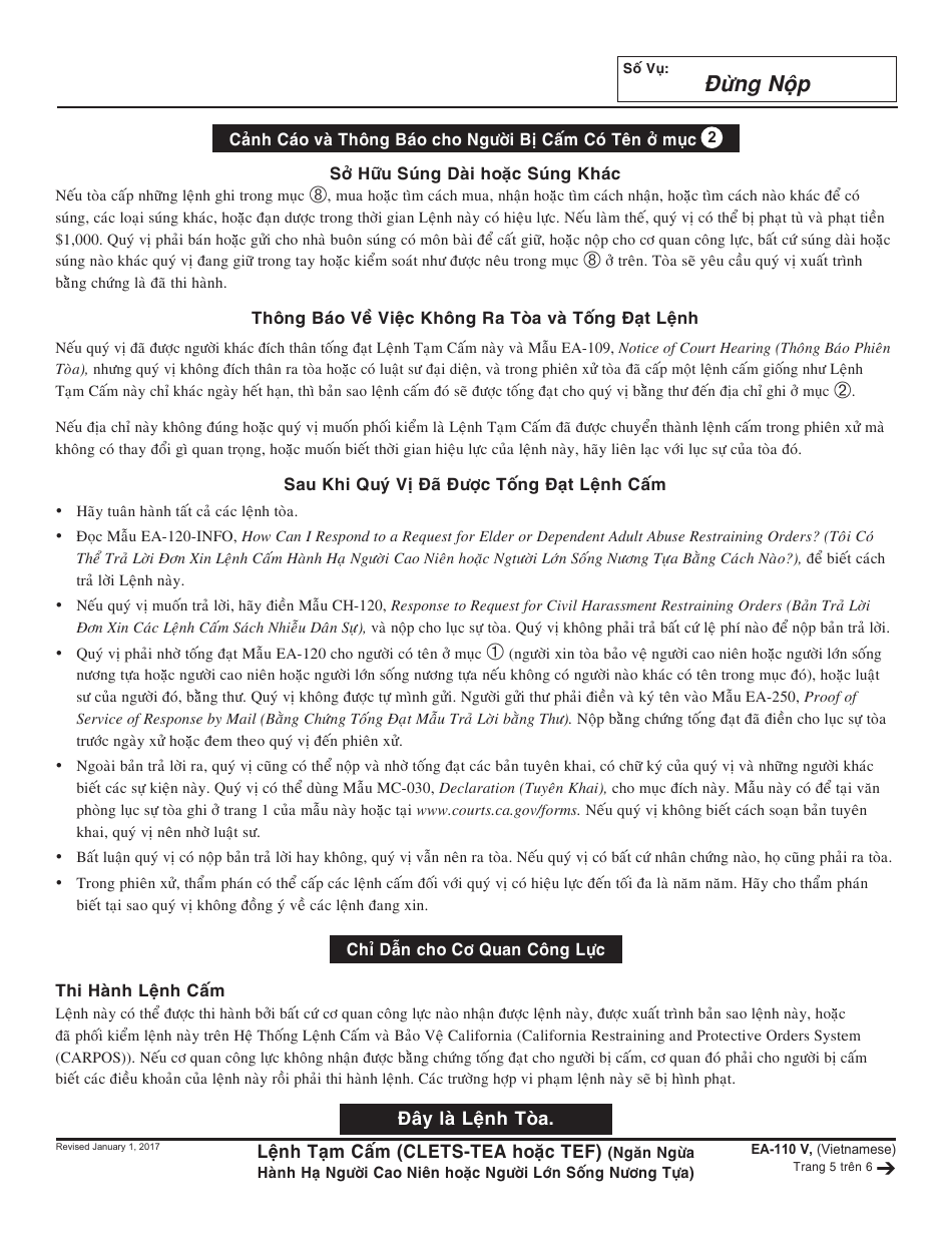 Form EA-110 V Temporary Restraining Order - California (Vietnamese), Page 5