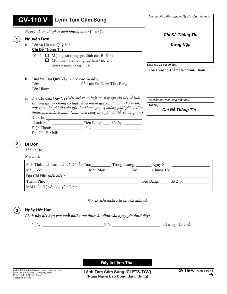 Form GV-110 V Temporary Firearms Restraining Order - California (Vietnamese), Page 1