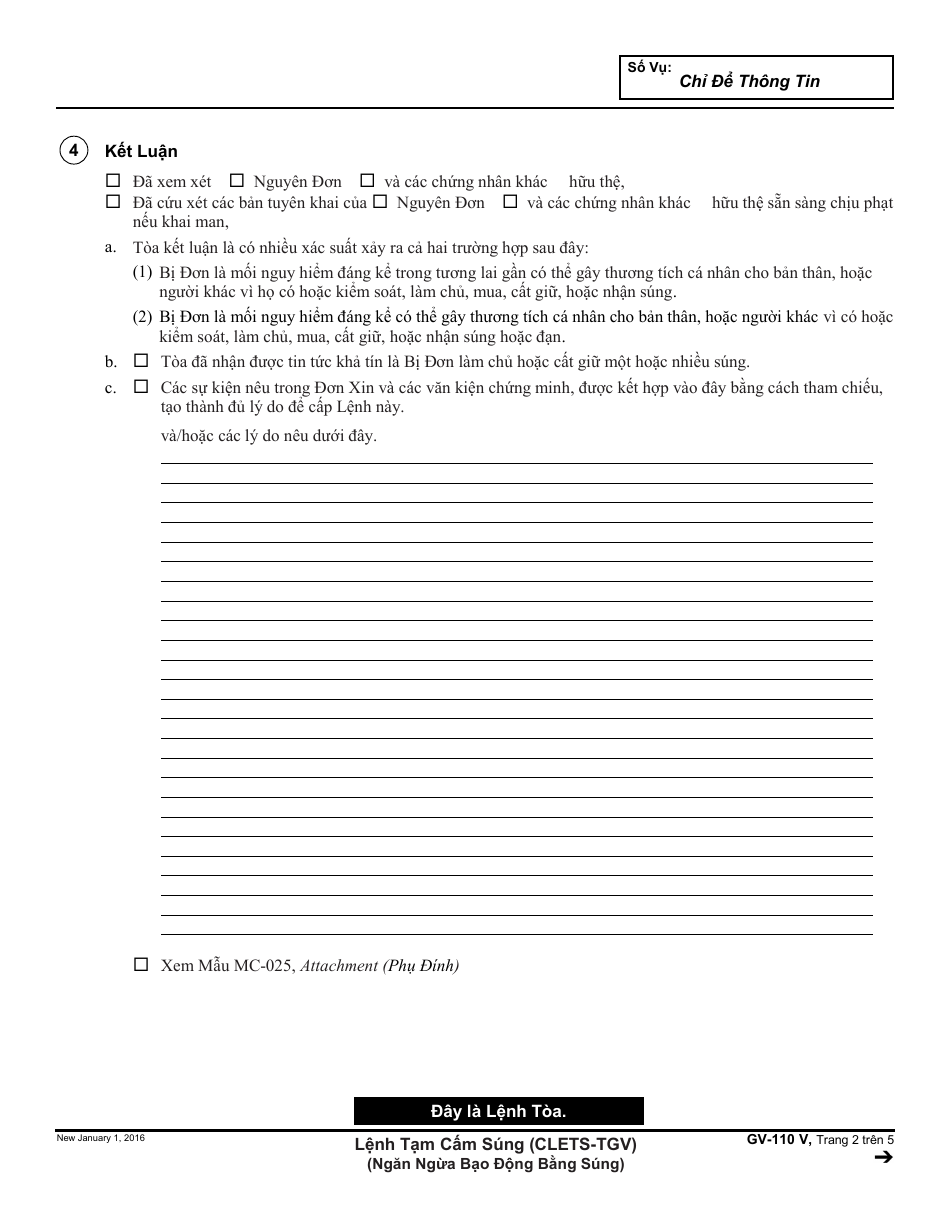Form GV-110 V Temporary Firearms Restraining Order - California (Vietnamese), Page 2